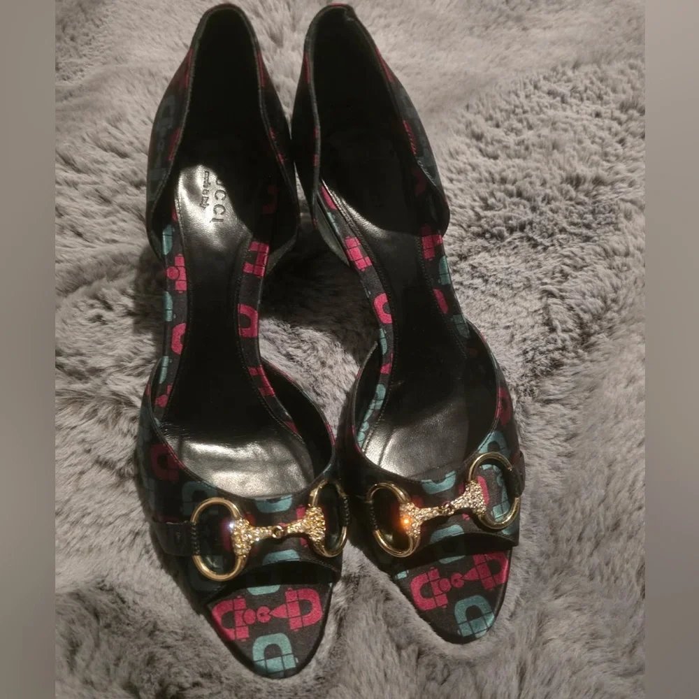 GUCCI 132461 Stiletto Womens Size 8B Black Heel Horsebit Peep Toe Pumps - Picture 2 of 7